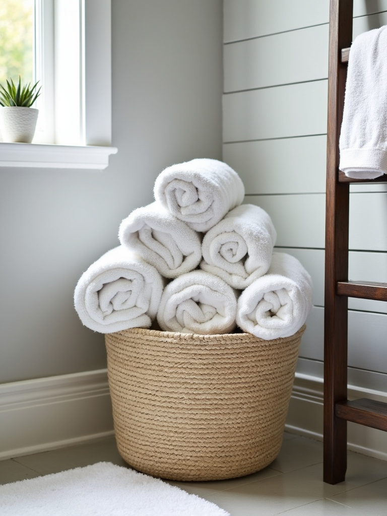 Luxurious white towels neatly arranged in a bathroom, adding a spa-like touch.