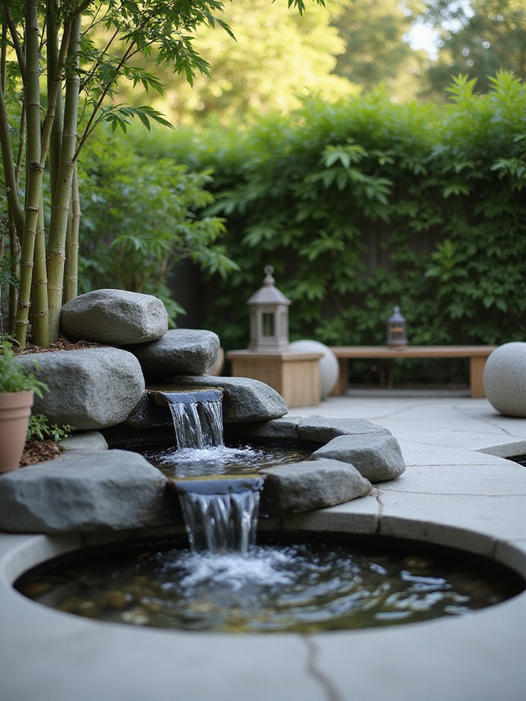 Zen patio with a slate stone pondless waterfall