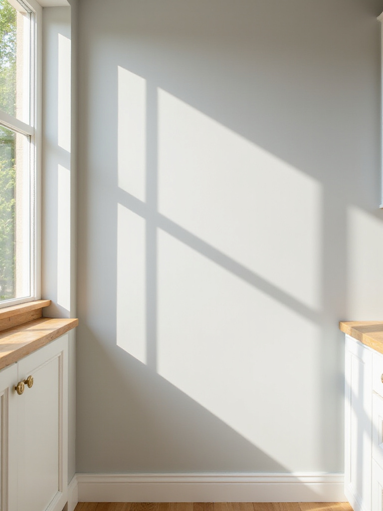 Newly painted light gray kitchen walls, creating a fresh and updated look.