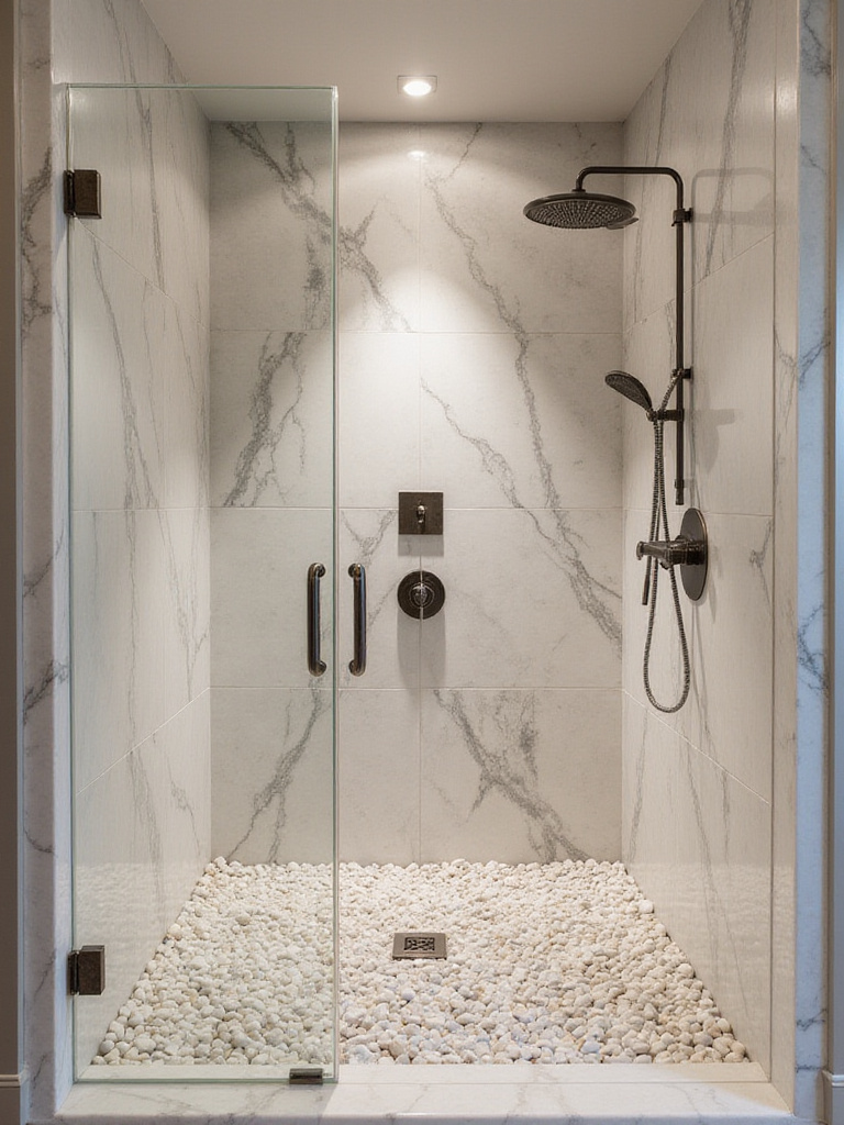 Luxurious bathroom shower with natural marble walls and pebble stone floor.
