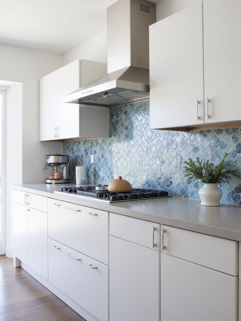 Modern kitchen with a geometric blue and grey glass tile backsplash.