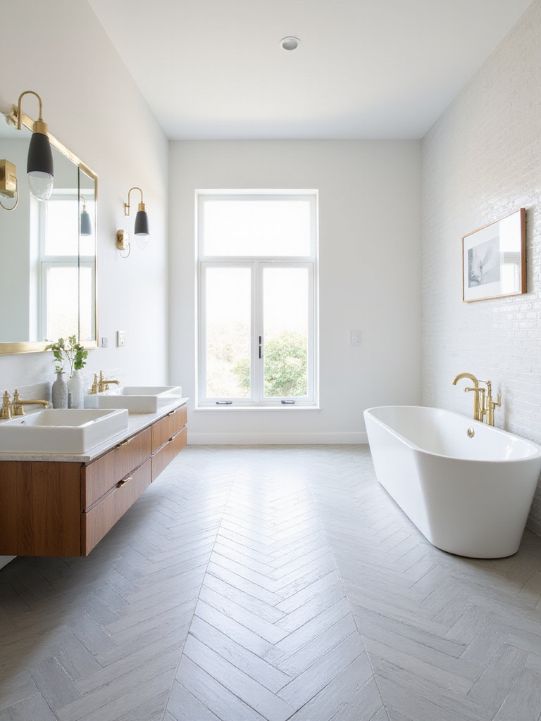 Modern bathroom featuring light gray herringbone tile flooring.