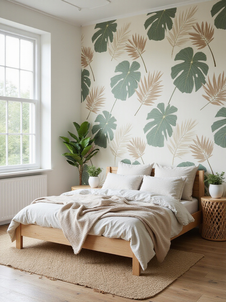 Modern bedroom with sage green monstera leaf wallpaper