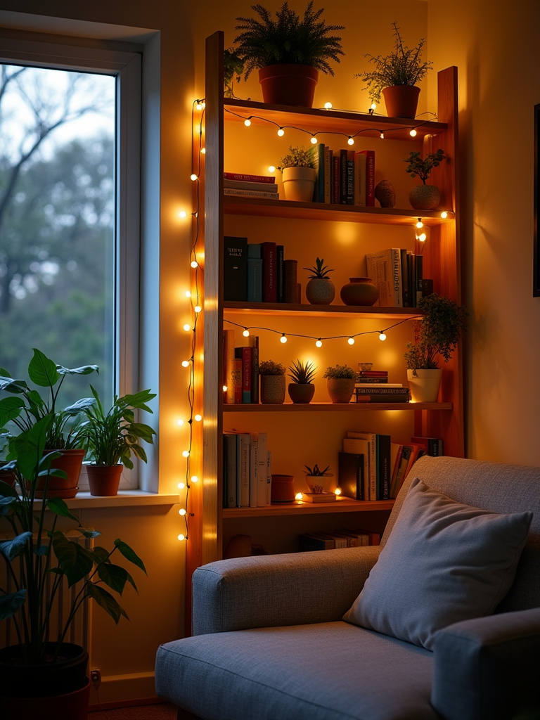 Cozy living room with string lights on a bookshelf