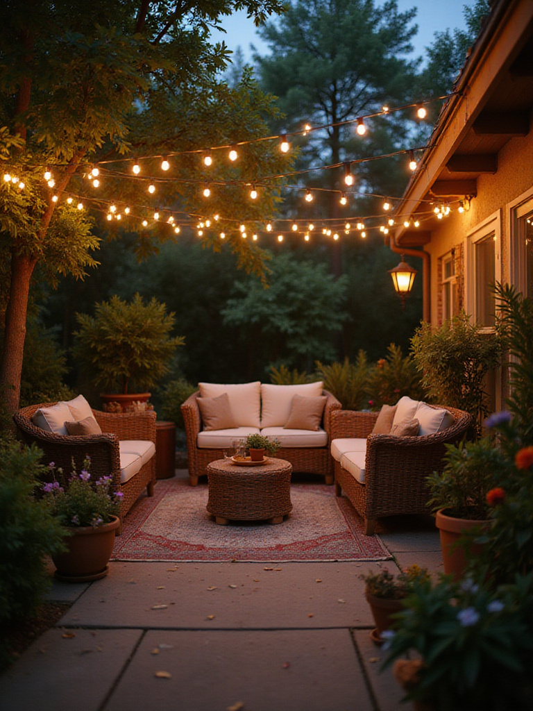 Patio decorated with string lights at dusk