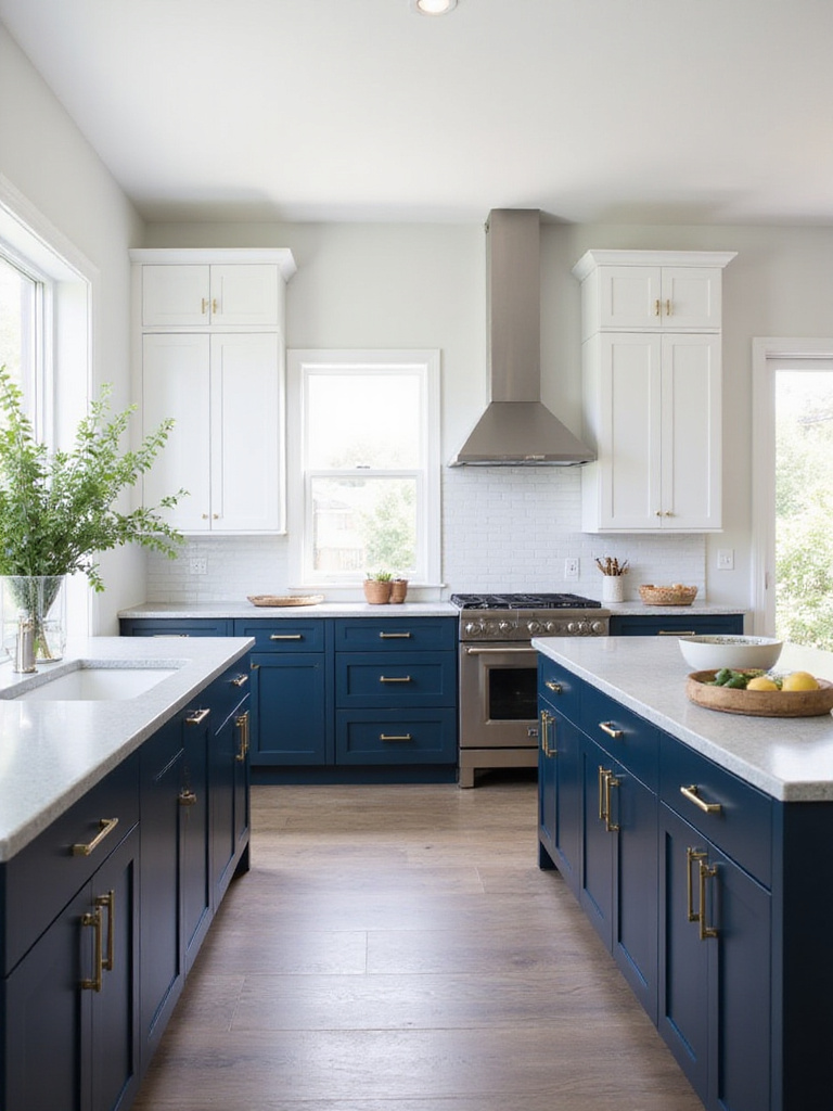 Modern kitchen with two-toned cabinetry: navy blue lower cabinets and white upper cabinets.