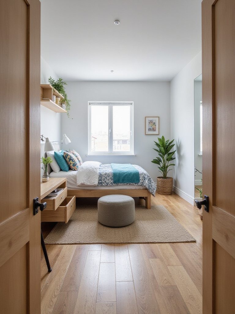 Small bedroom with multi-functional furniture, including a storage bed and floating desk.