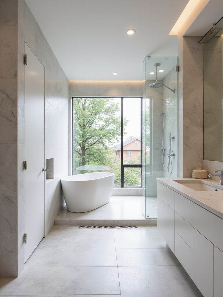 Luxurious seamless wet room shower with rainfall showerhead and linear drain