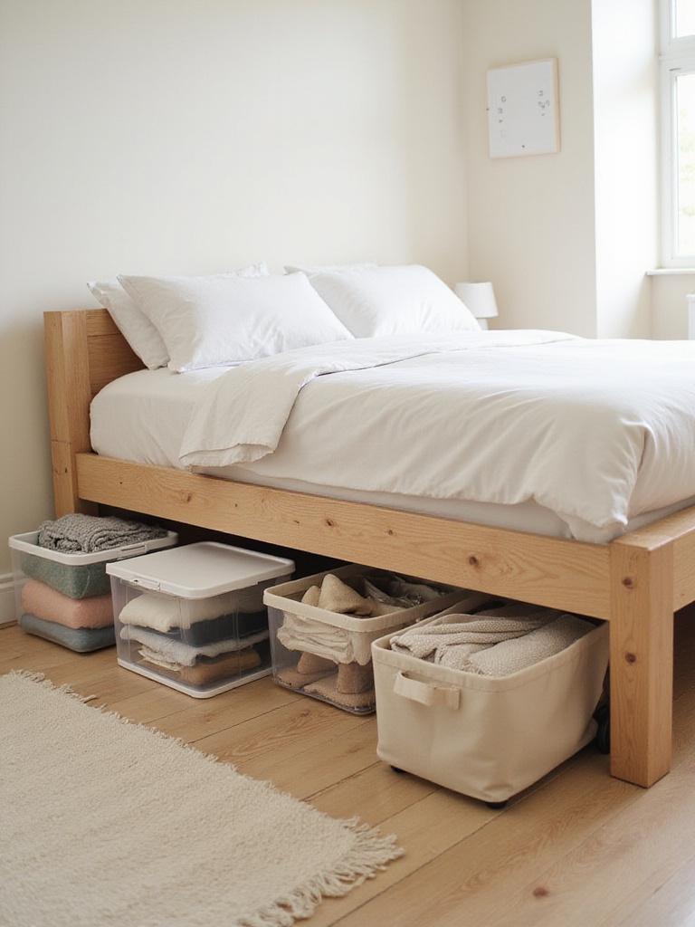 Under bed storage solutions in a small modern bedroom.