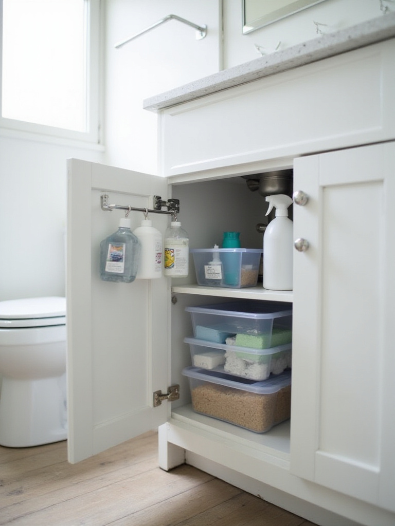 Well-organized under-sink bathroom cabinet with pull-out shelves and clear storage bins.