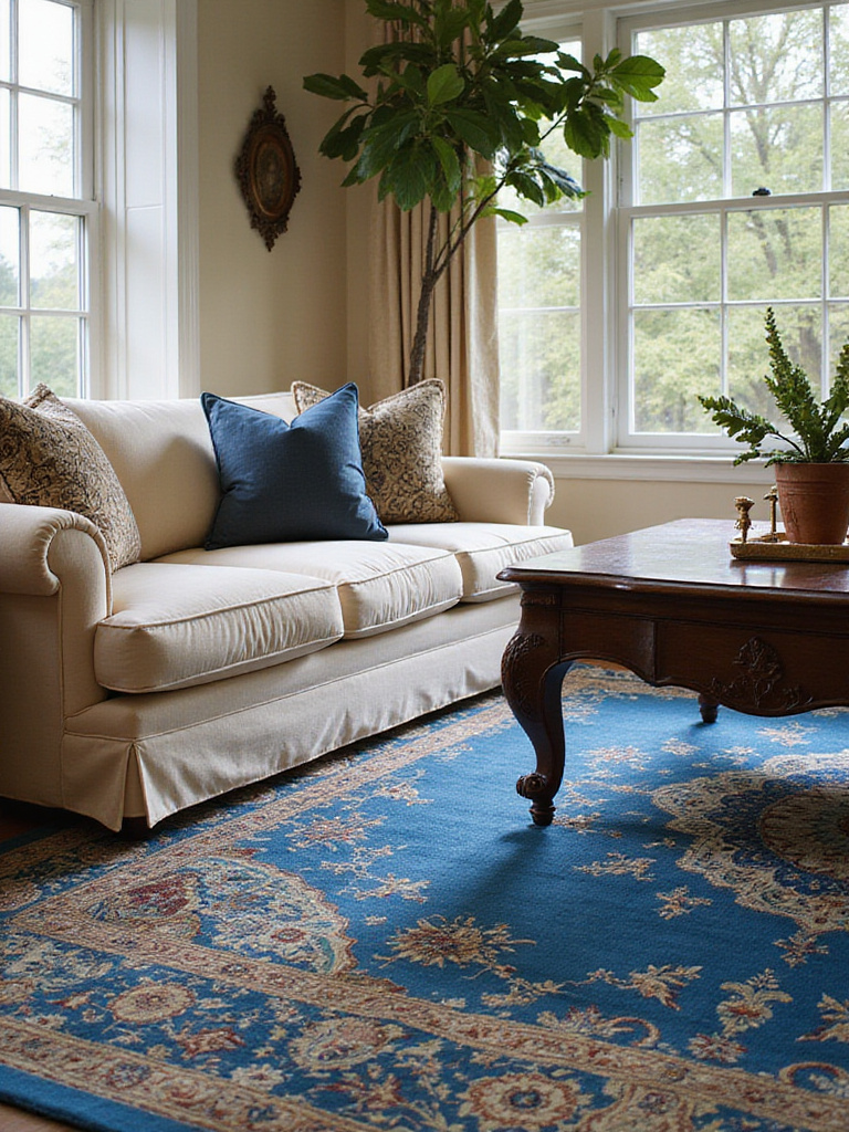 Luxurious living room with a vibrant silk rug adding elegance and sophistication to the space.