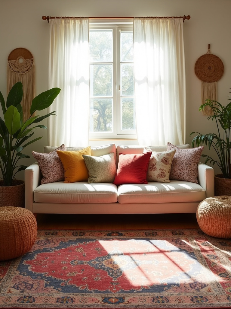 Boho living room featuring a vintage Persian rug layered under a comfortable sofa with colorful throw pillows.