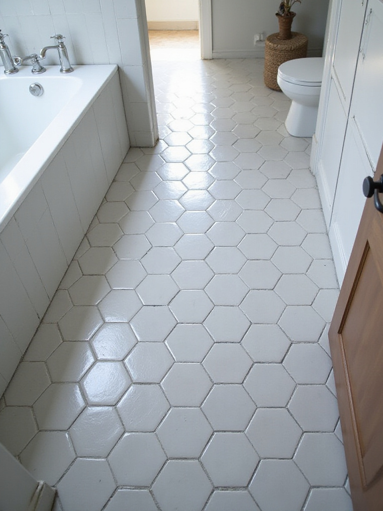 Bathroom floor with gray hexagon tiles in a gradient pattern