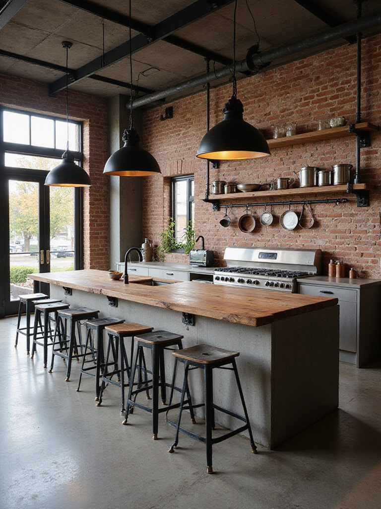 Modern industrial kitchen with exposed brick, concrete floors, and stainless steel appliances.