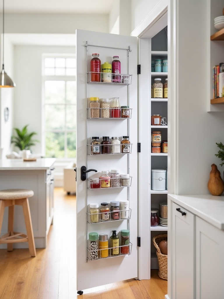 Over-the-door organizer on pantry door filled with spices and baking supplies, maximizing kitchen storage.