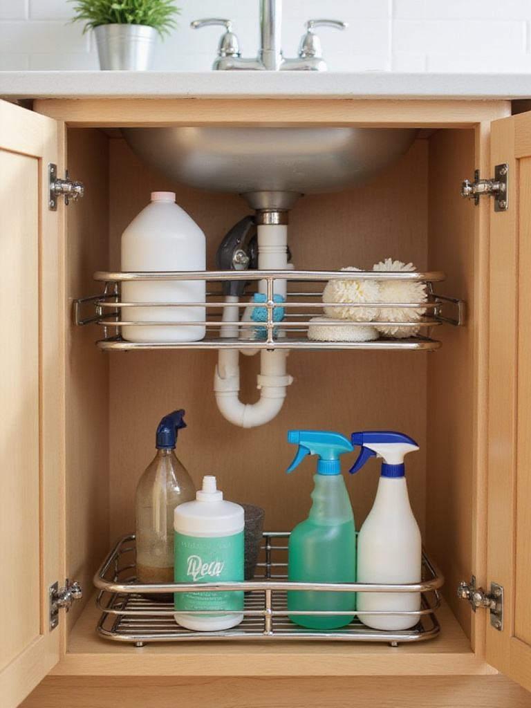 Under-sink cabinet with two-tier sliding drawers and U-shaped design for optimized storage