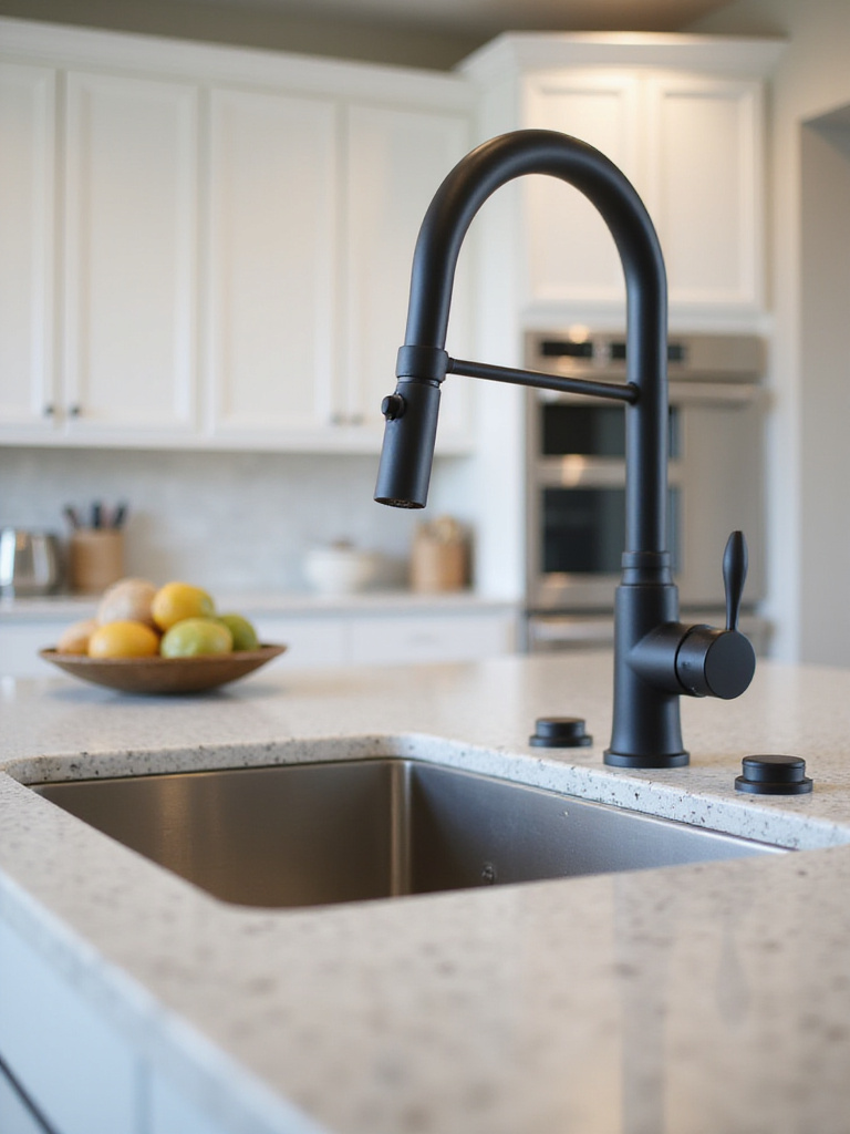 Modern matte black pull-down kitchen faucet on a stainless steel sink.