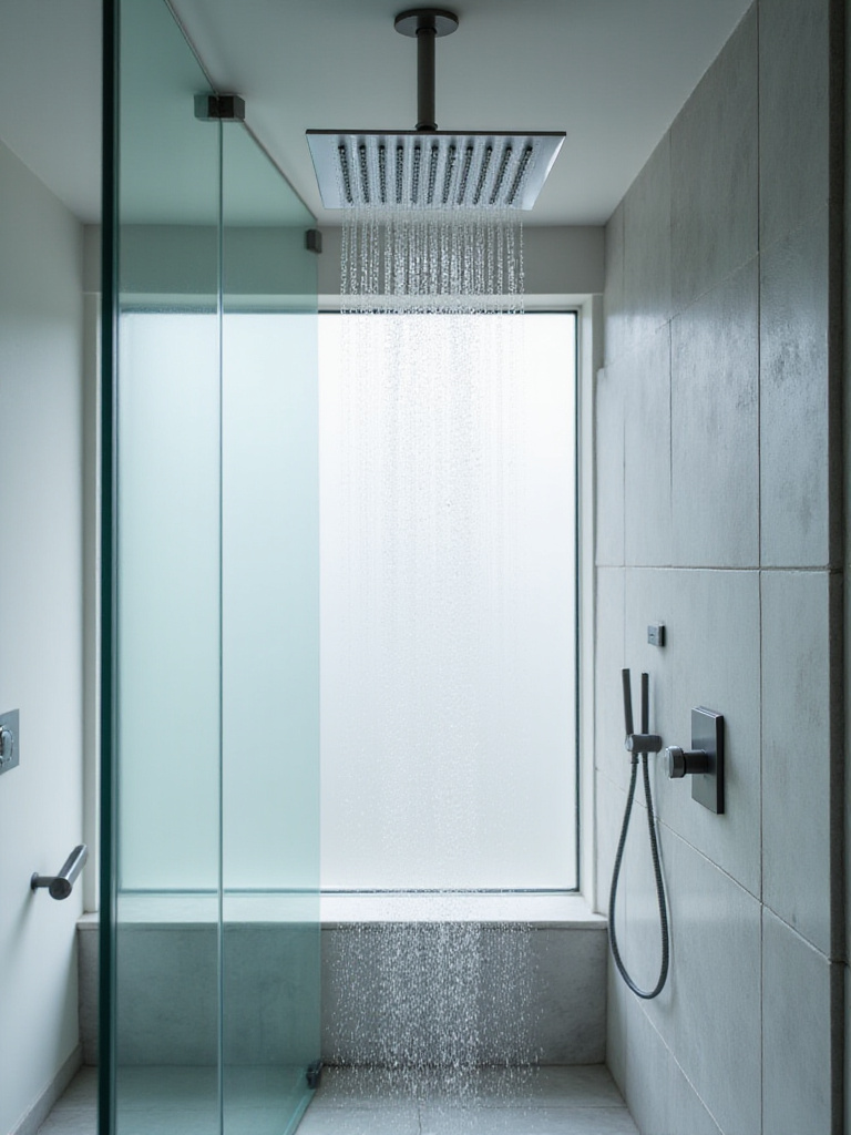 Modern bathroom with a luxurious rainfall showerhead and glass enclosure.
