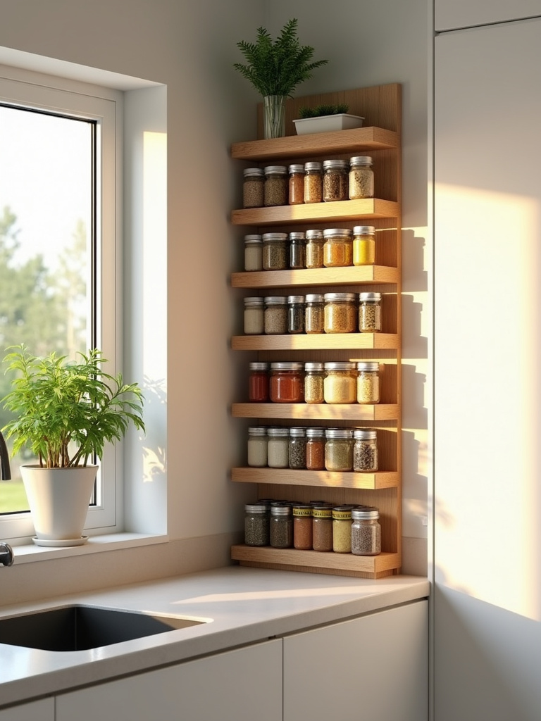 Vertical spice rack on kitchen wall for organized spice storage
