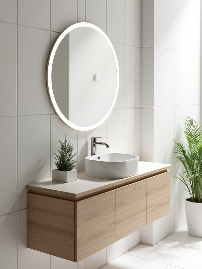 Modern floating bathroom vanity with vessel sink and integrated lighting