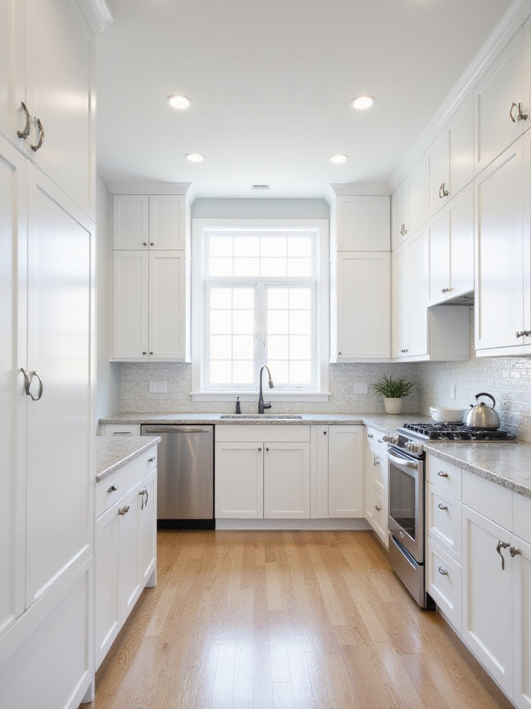 Bright and airy white kitchen with shaker cabinets and light grey quartz countertops.