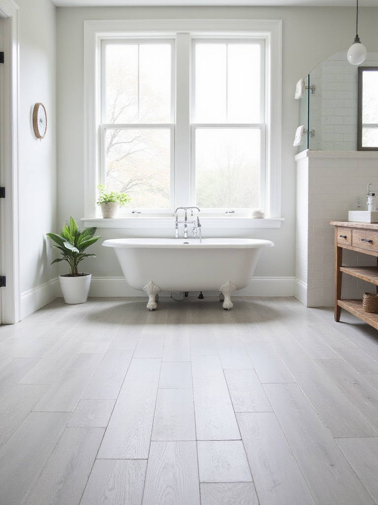 Bathroom with light gray herringbone vinyl plank flooring