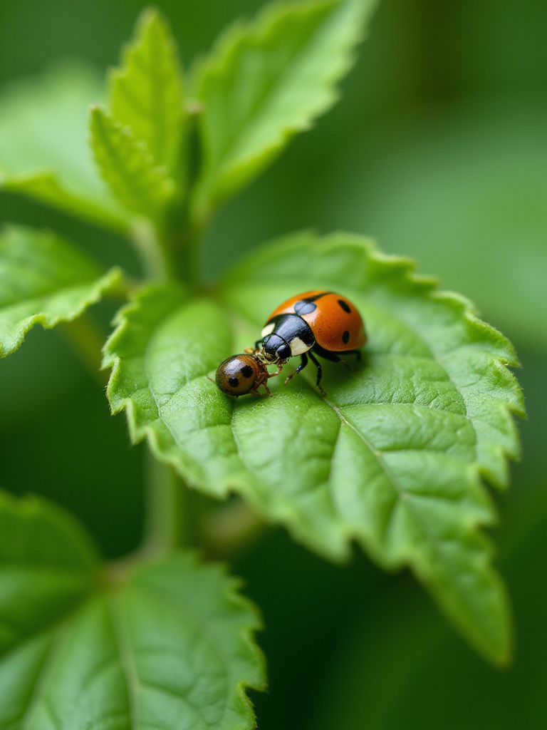 Ladybug eating an aphid on a tomato plant leaf, showcasing natural pest control.