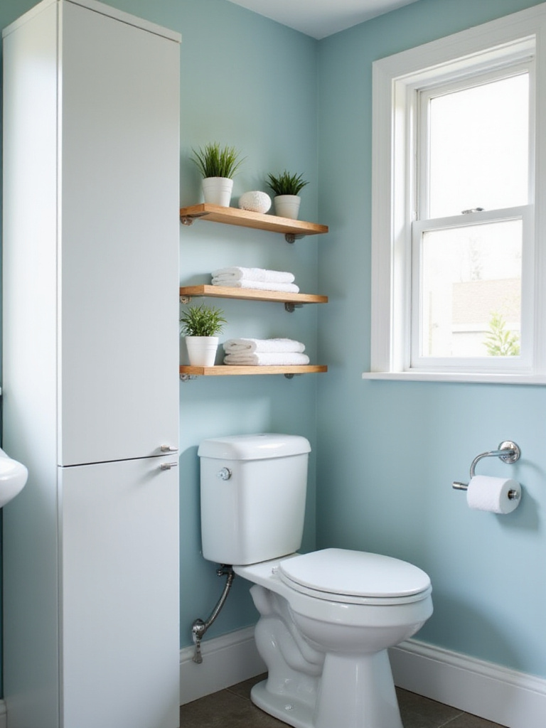 Small bathroom with vertical storage solutions including tall cabinet and floating shelves.