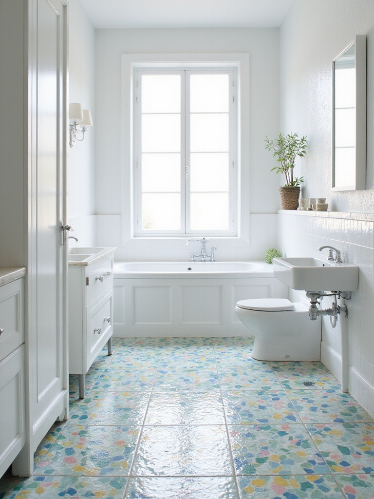 Bathroom with vibrant multicolored mosaic tile floor