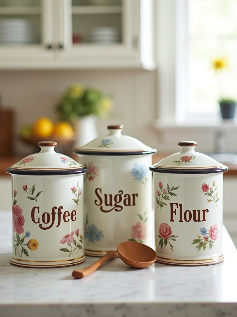 Vintage ceramic and enamelware canisters on a kitchen countertop