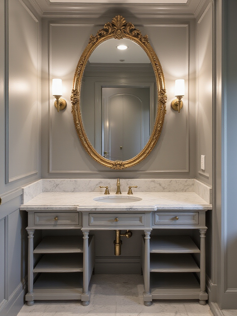 Bathroom vanity with marble countertop and large oval vintage-inspired mirror with gold frame.