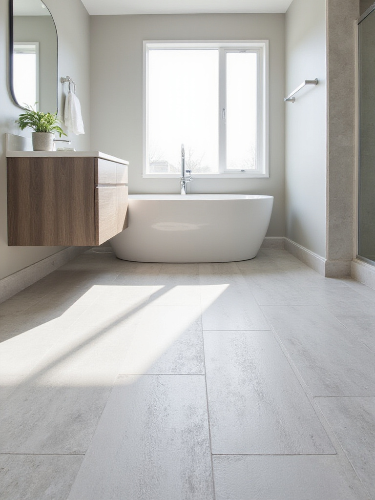 Modern bathroom featuring light gray stone-look vinyl tile flooring.