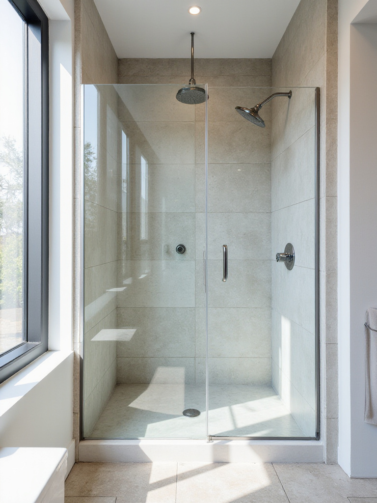 Modern bathroom with a walk-in shower and frameless glass enclosure