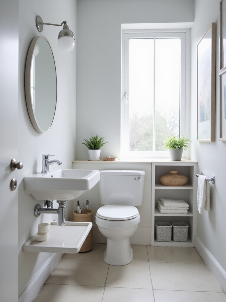 Small bathroom with wall-mounted toilet and floating vanity, maximizing floor space.