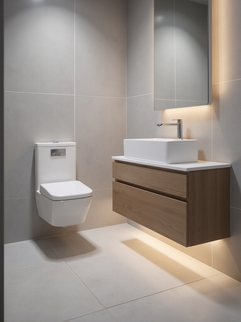 Small bathroom with wall-mounted toilet and floating vanity maximizing floor space