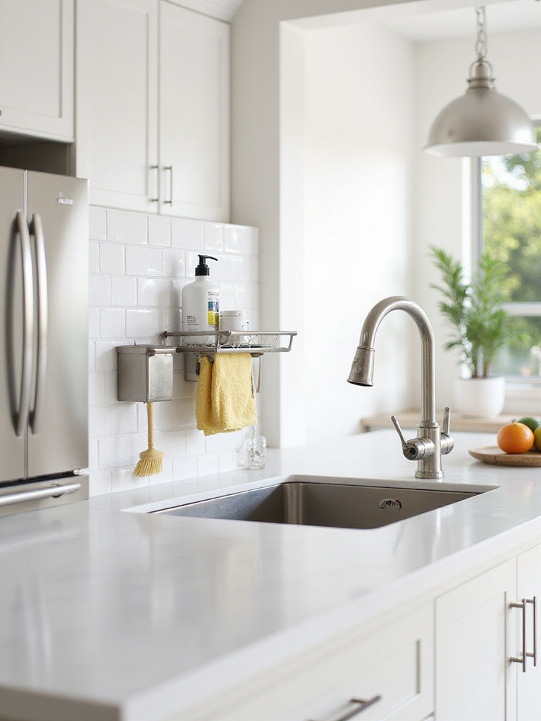 Wall-mounted kitchen sink organizer freeing up countertop space