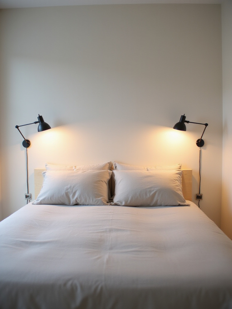 Small bedroom with wall-mounted lamps instead of bedside tables.