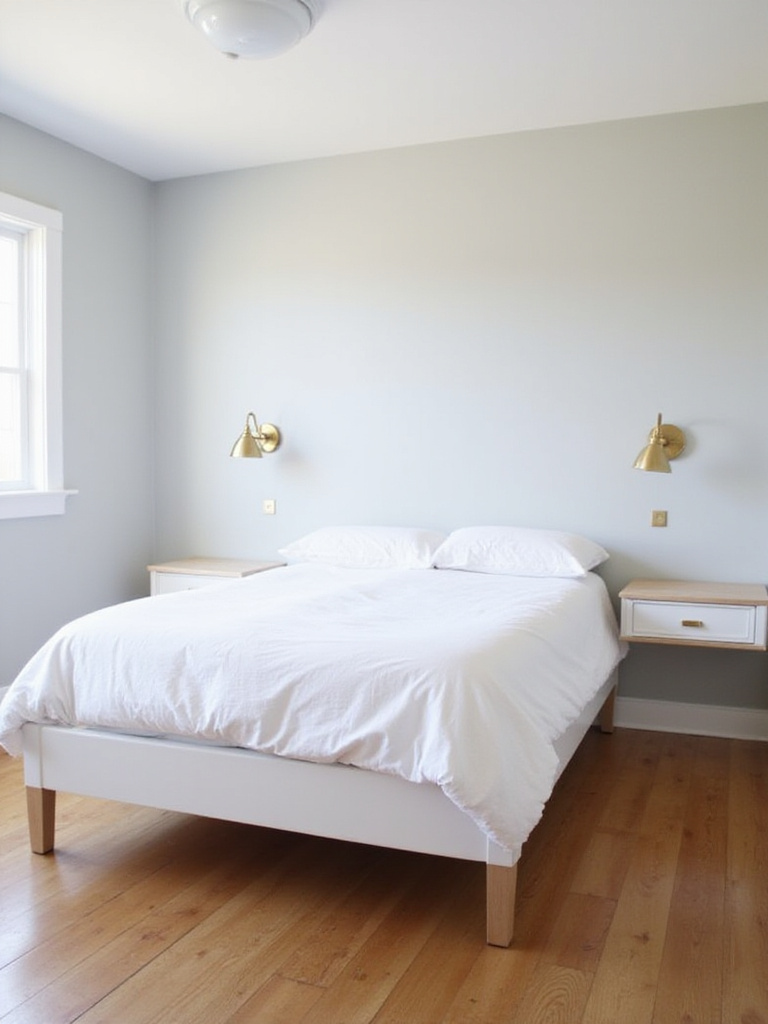 Small bedroom with wall-mounted swing-arm sconces for space-saving lighting.