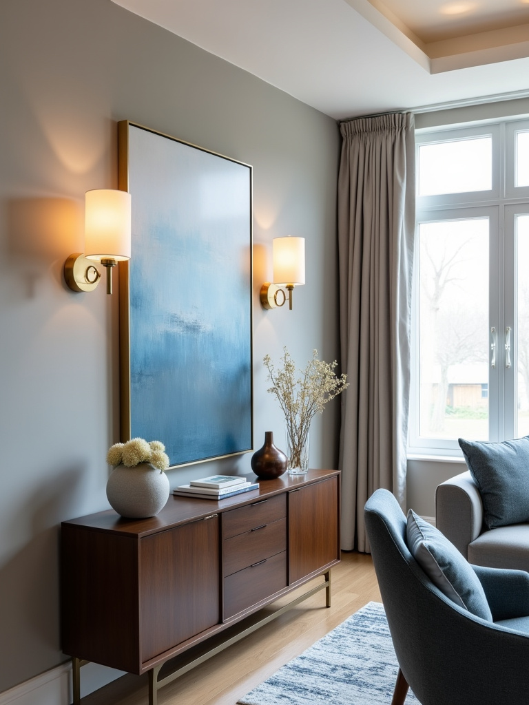 Modern living room with brushed gold wall sconces flanking abstract art.