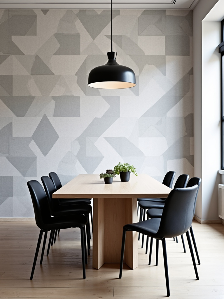 Modern dining room with geometric wallpaper feature wall