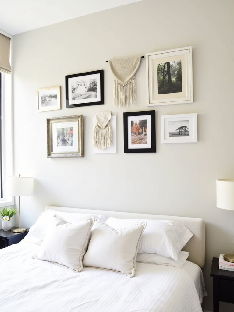 Rental-friendly gallery wall in apartment bedroom using Command Strips and lightweight artwork.