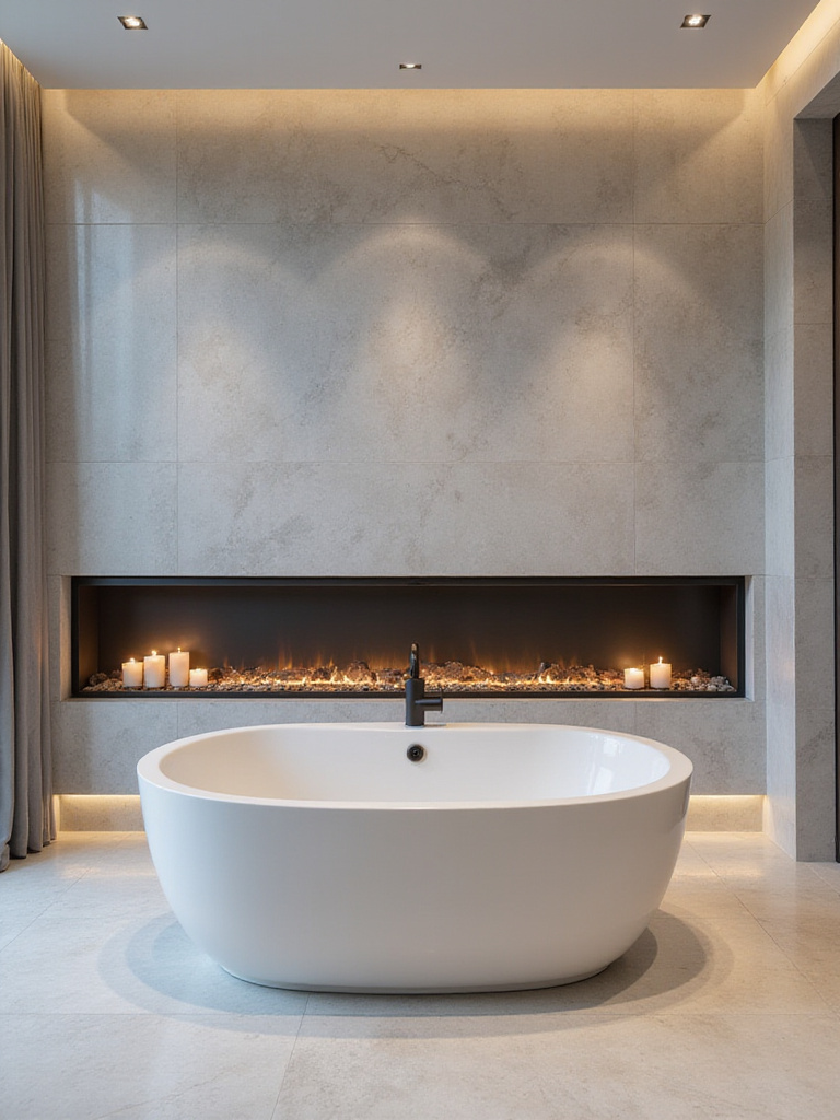 Luxurious bathroom with freestanding tub and linear electric fireplace