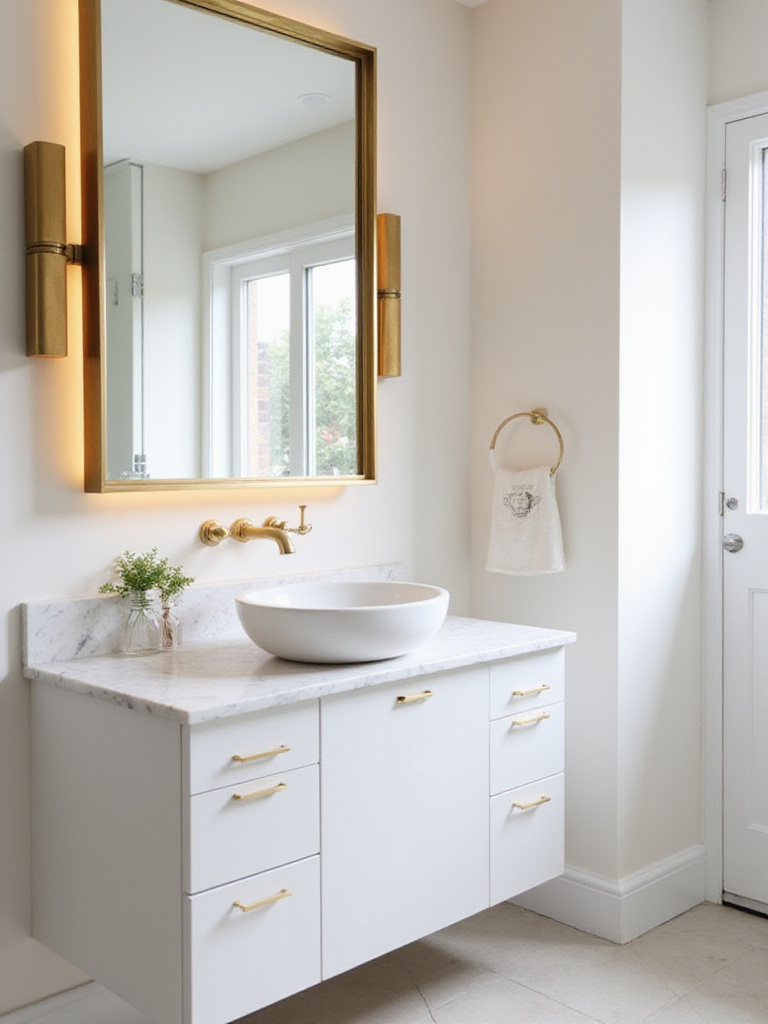 Modern bathroom featuring warm brass fixtures and white marble countertop.
