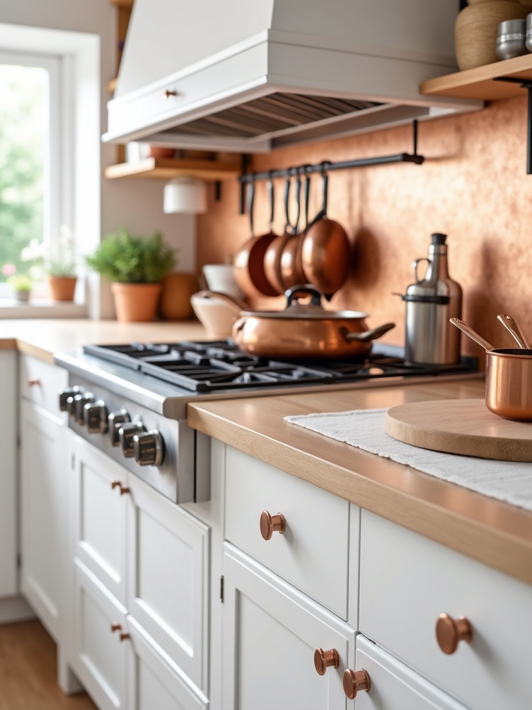 Kitchen with white cabinets, copper backsplash, and copper accents for a warm and inviting atmosphere.