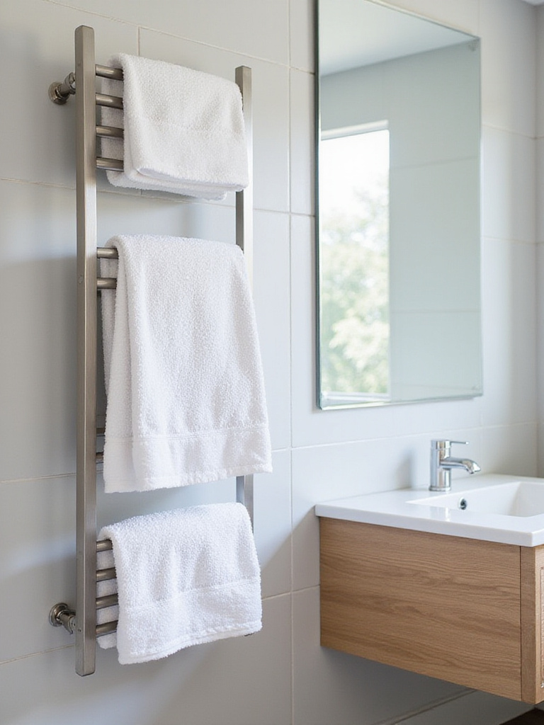 Brushed nickel heated towel rack with fluffy white towels in a modern bathroom.