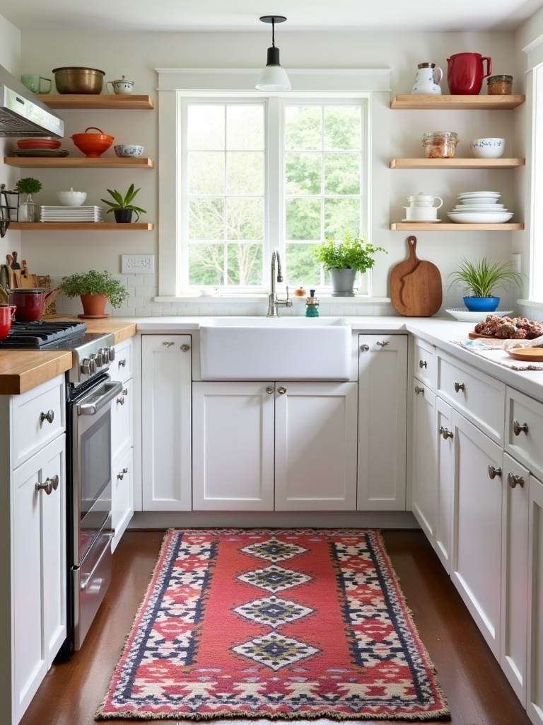 Colorful woven wool rug adding warmth and texture to a modern farmhouse kitchen.