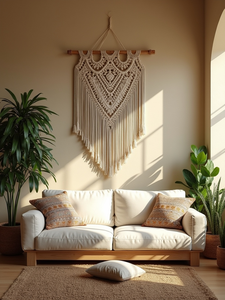 Boho living room with textured limewash wall and macrame wall hanging