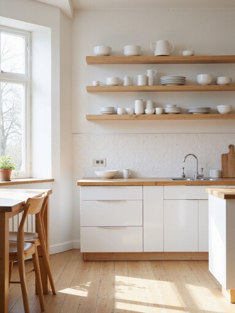 Scandinavian kitchen with natural wood accents, including open shelving and butcher block countertop.