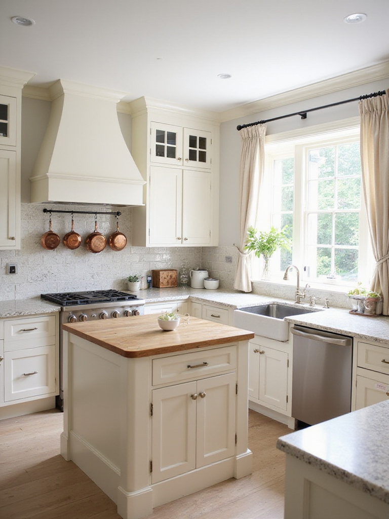 Warm white kitchen cabinets with layered textures and tones creating a cozy ambiance.