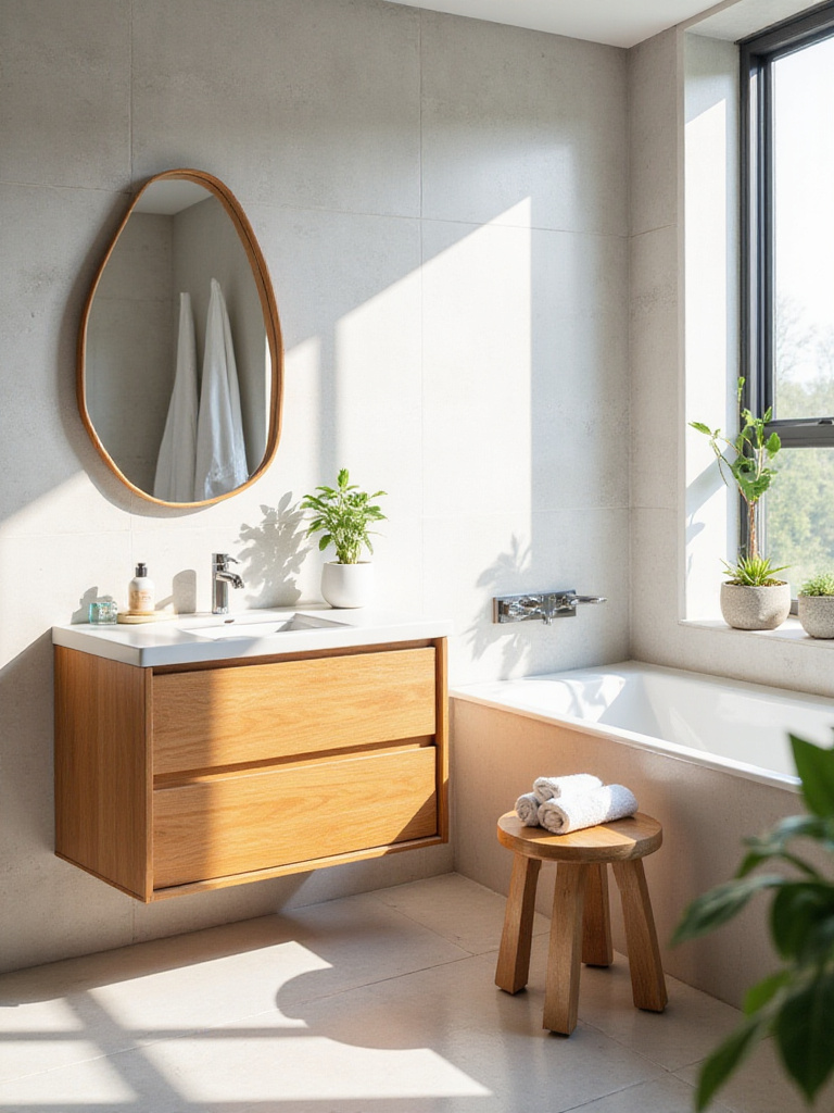 Modern bathroom with warm wood vanity, round wood-framed mirror, and light grey tile.